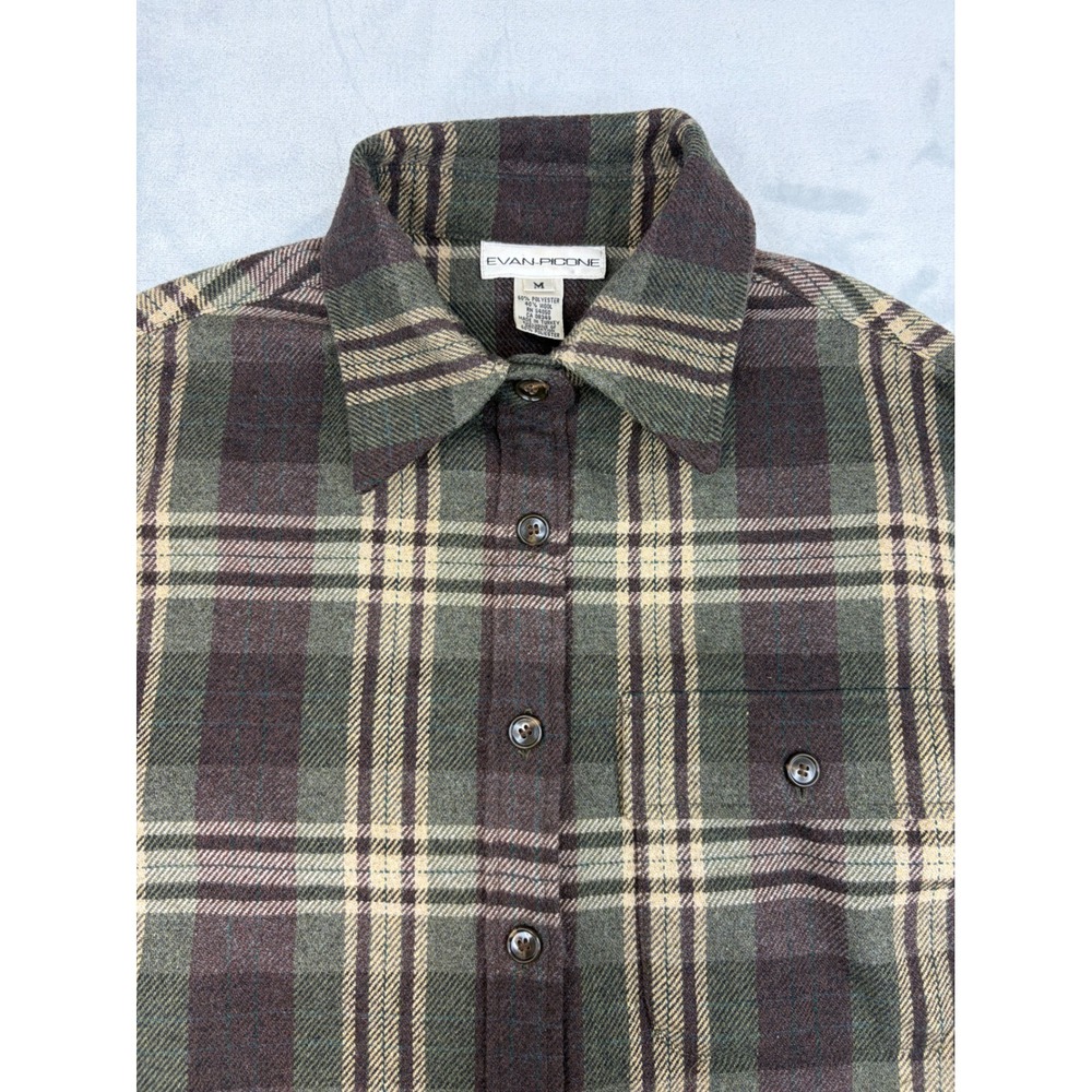 Vintage Evan-Picone Women's Wool Blend Shirt Shacket Medium Plaid Elbow Patches